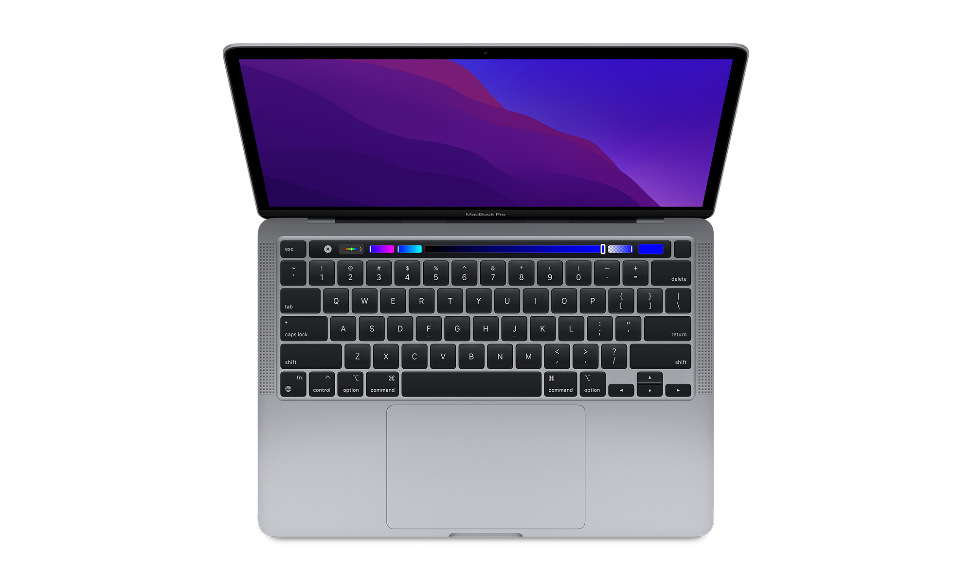 MacBook Pro 13″ M1 in Space Gray, open, front view
