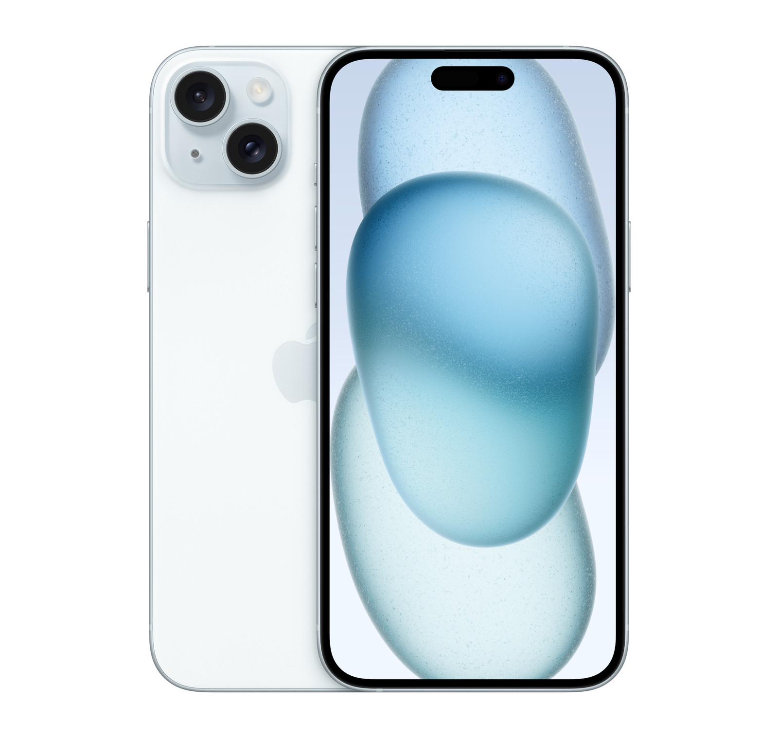 iPhone 15 Plus in Blue, front and back