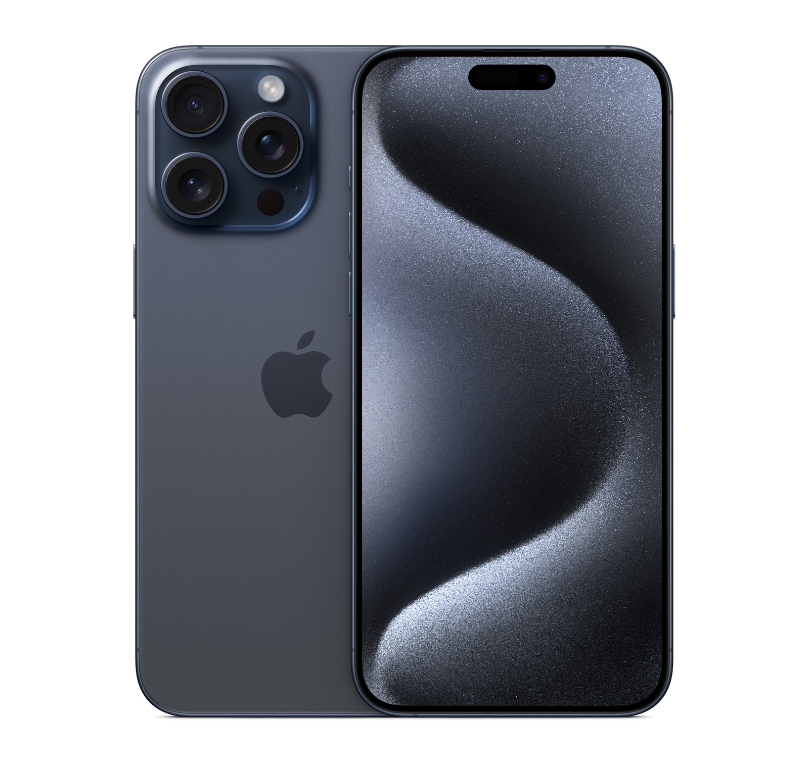 iPhone 15 Pro Max in Blue Titanium, front and back