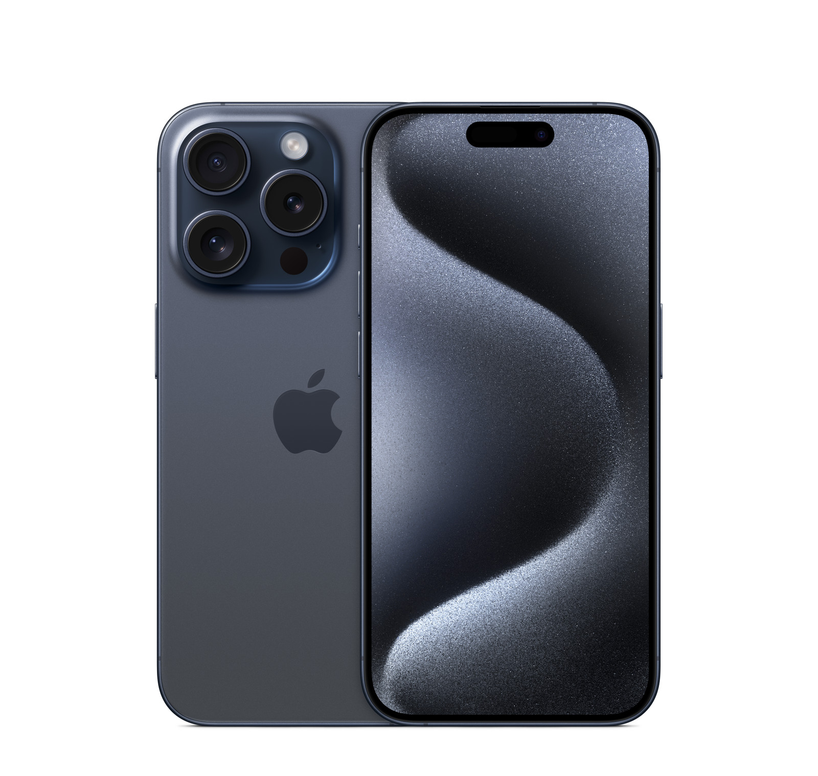 iPhone 15 Pro in Blue Titanium, front and back